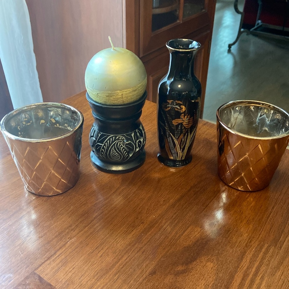 Grouping of Black & Gold Vase and Candle Holders with Gold Candle